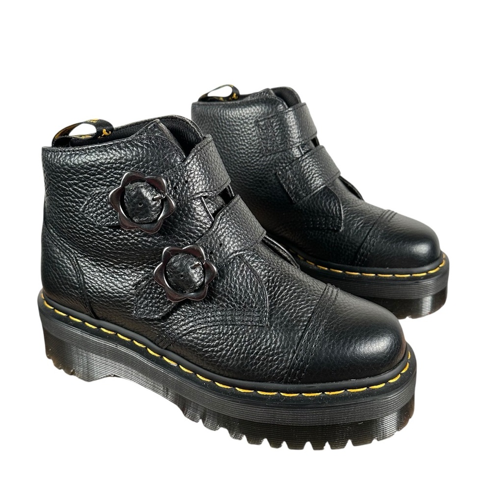 DR. MARTEN Devon Flower Buckle Leather Platform Boots in black milled nappa - Picture 3 of 11